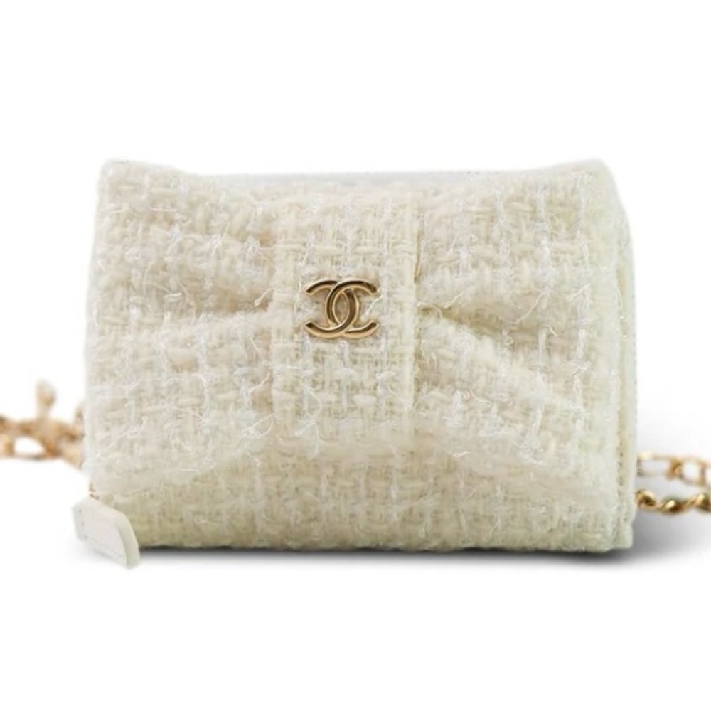 CHANEL Tweed Bow Chain Card Holder Ivory GWP VIP Gift CC Logo Micro Bag Rare